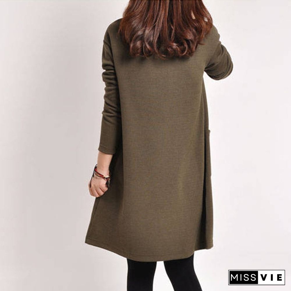 Women Autumn Long Sleeve Pocket Loose Maternity Swing Dress Casual Cotton V-neck Pregnancy Dress