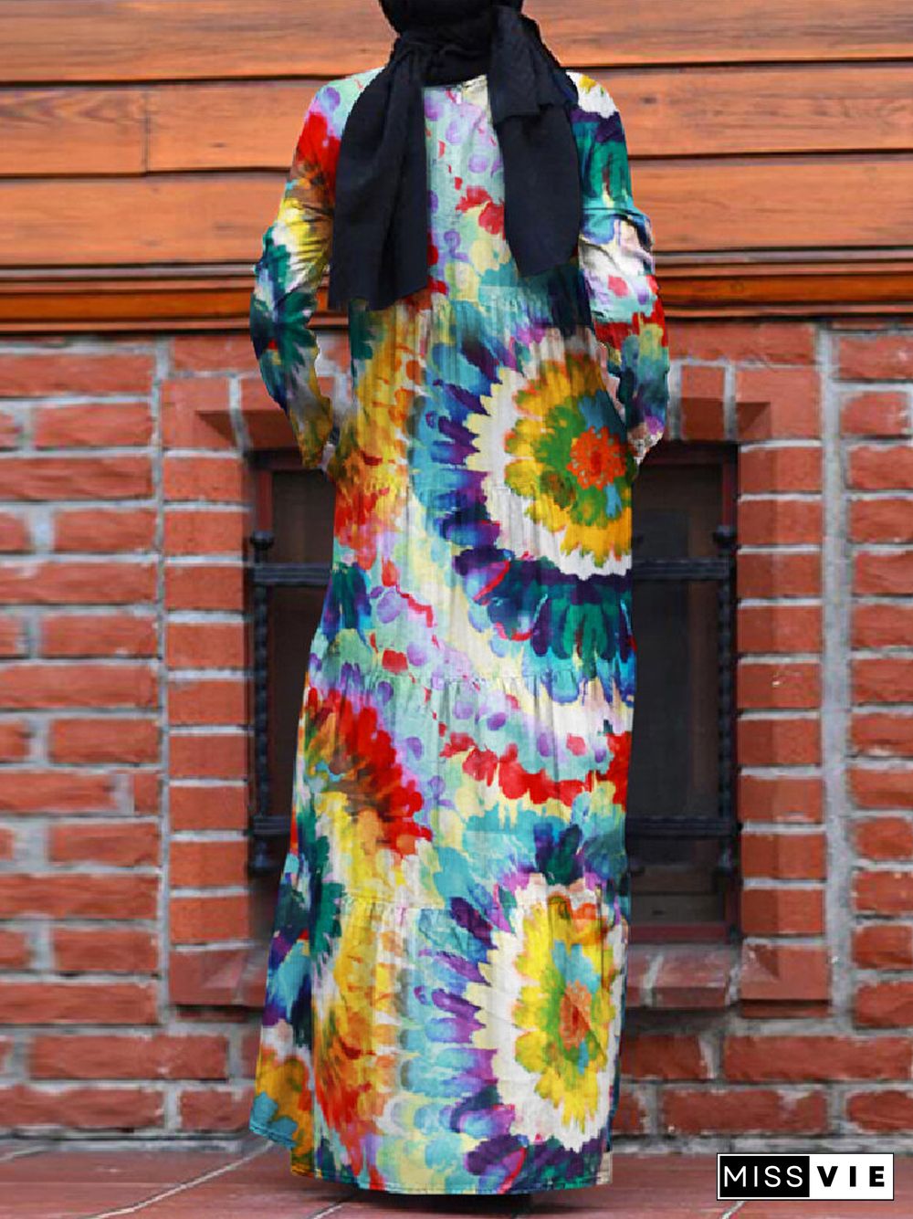 Colorful Calico Print Long Sleeve Dress With Pocket Women