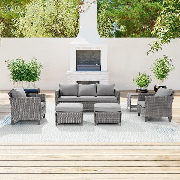 AOOLIMICS 6Pcs Patio Outdoor Furniture Gray Rattan Ottoman Seating Sofa Set