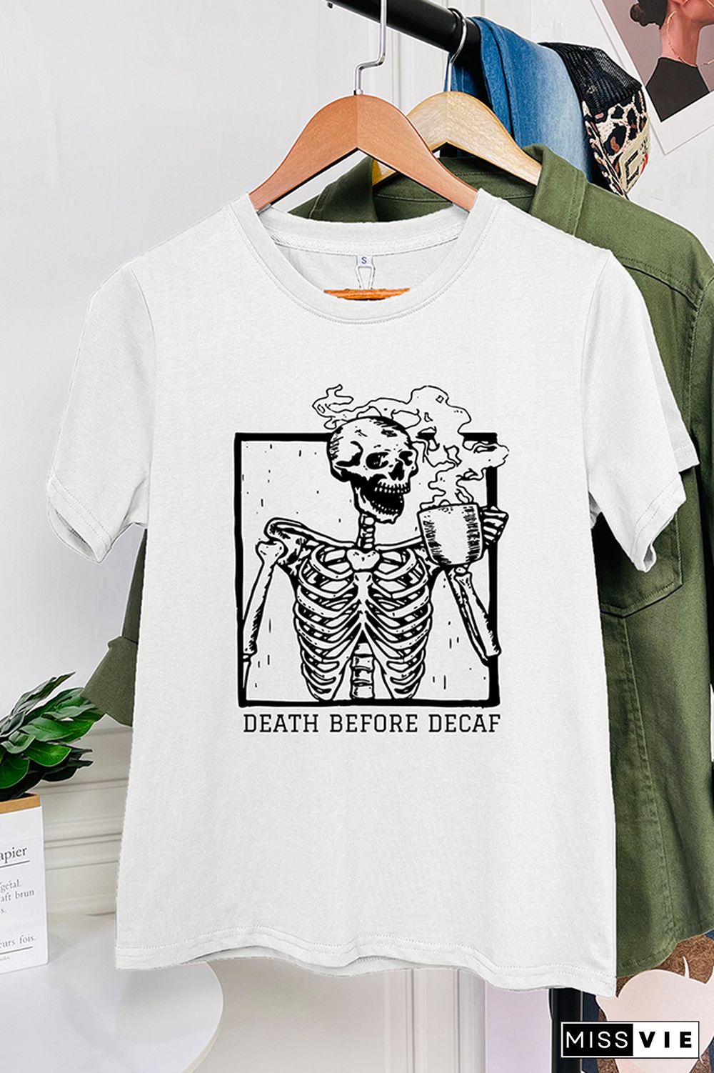 Skeleton Death Before Decaf Skeleton Drink Coffee Graphic T-Shirt Wholesale