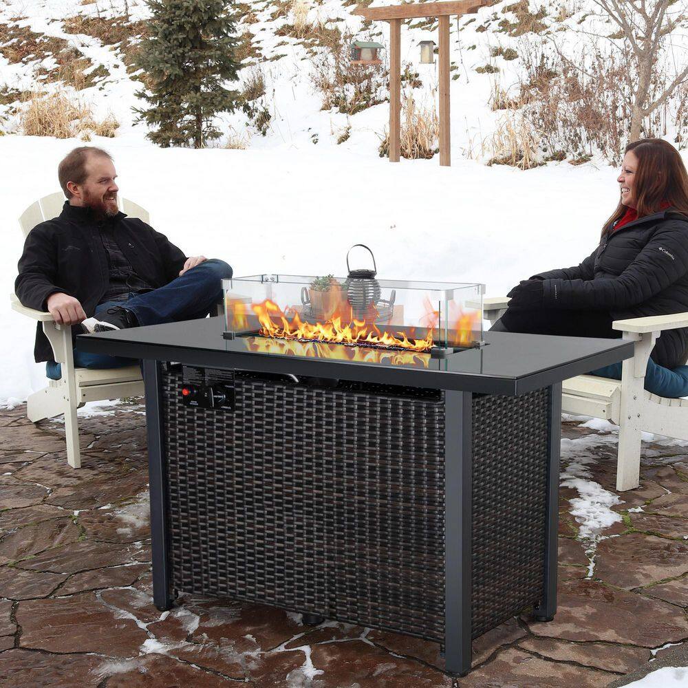 Afoxsos 43 in. W x 22 in. D x 25 in. H Outdoor 50000 BTU Rattan and Metal Propane Fire Pit Table with Glass Wind Guard Lid HDMX1749