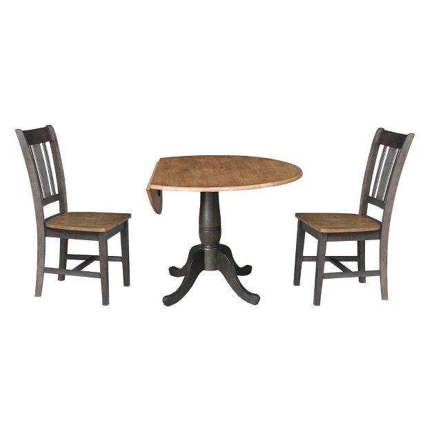 Jordan Round Dual Drop Leaf Dining Table With 2 Splat Back Chairs Hickory washed Coal International Concepts