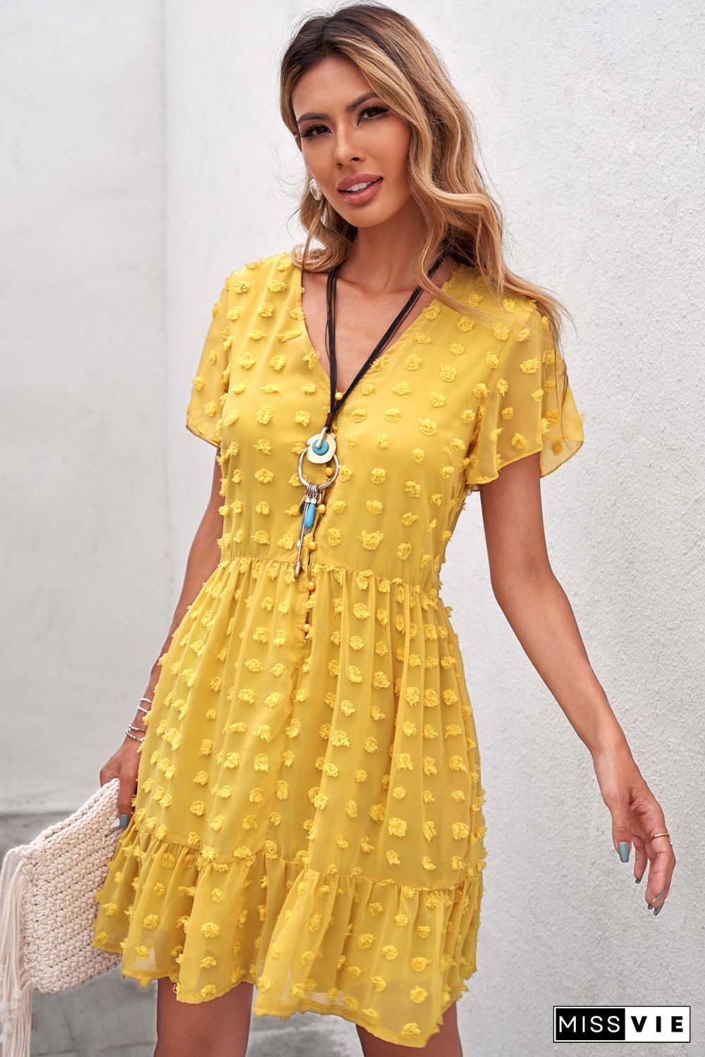 Yellow Polka Dot V Neck Ruffled Short Sleeves Mini Dress