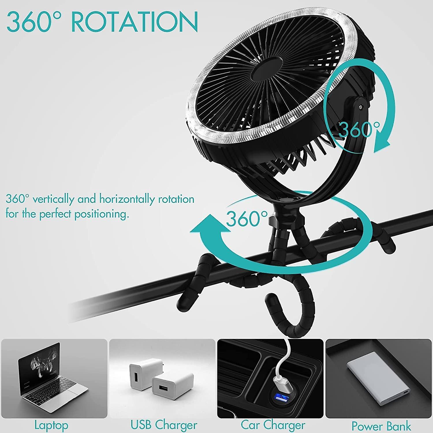 Usb Desk Fan With Led Lantern， 8-inch Clip On Fan，10000mah Rechargeable Battery Powered， Ultra Bright Led Light，3 Speeds，3 Timers， 360rotation， Flexib