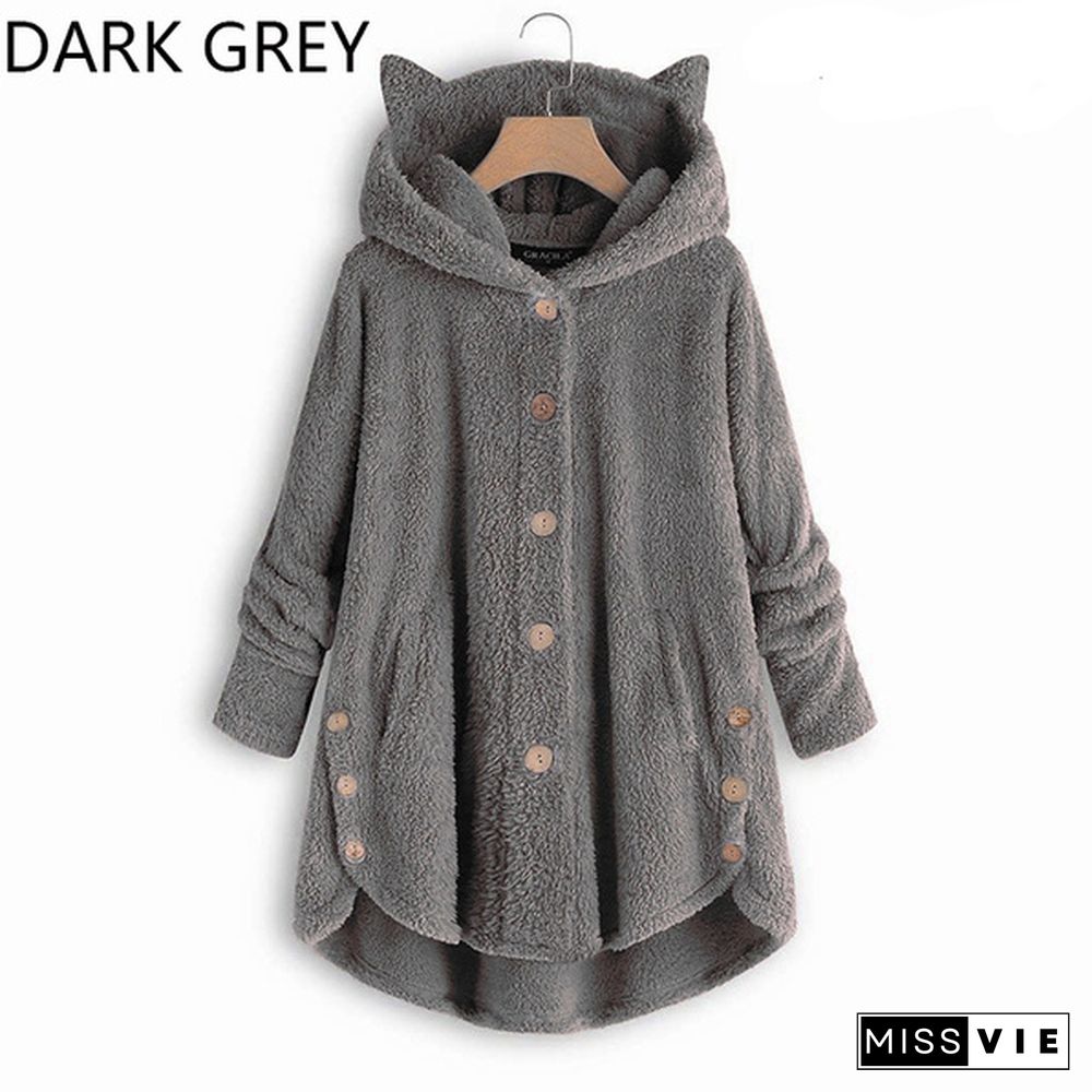 Autumn and Winter Fashion Women's Button Hooded Coat Cute Cat Ears Plush Hoodies Irregular Solid Color Cardigan Coat