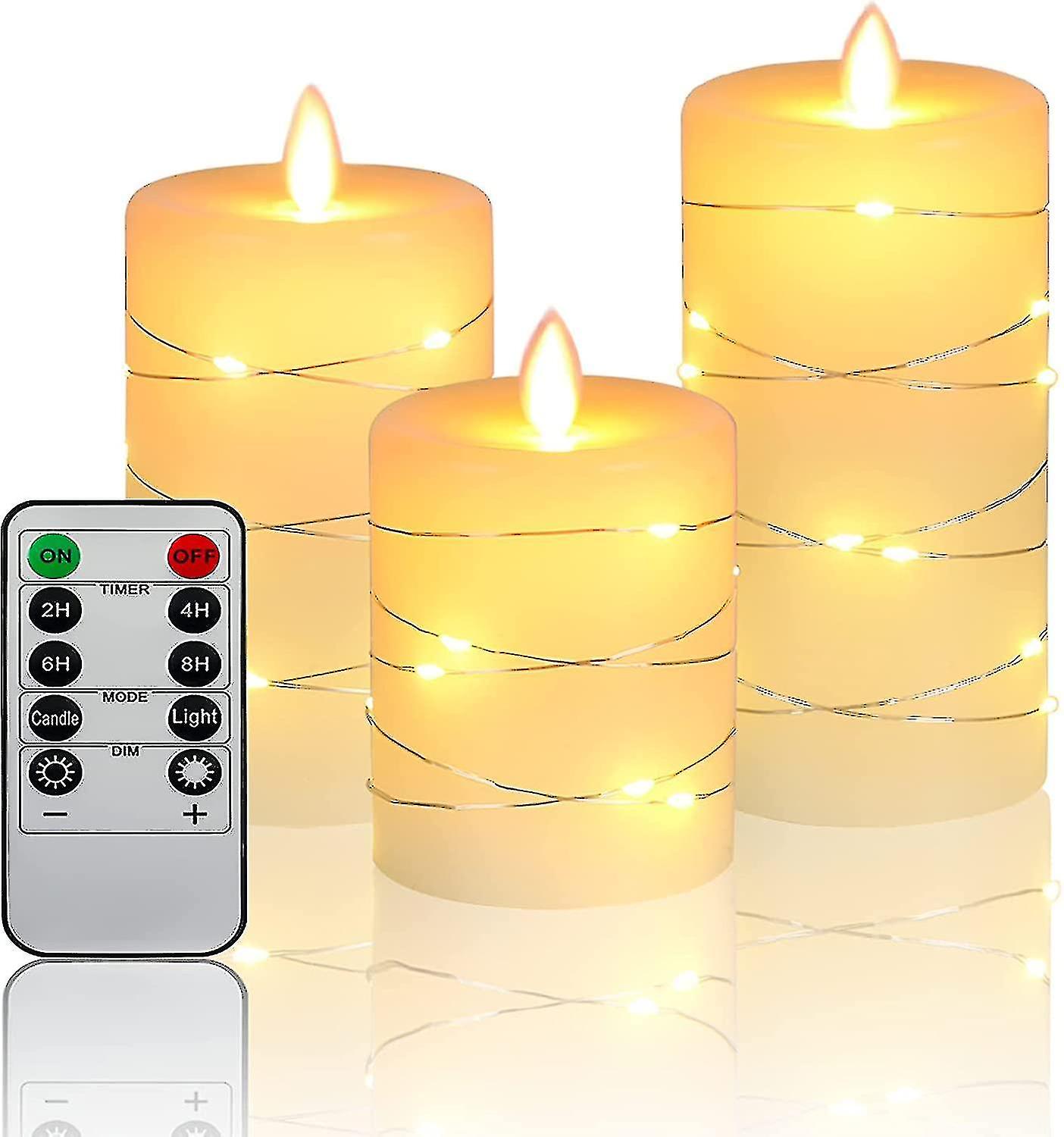 Led Flameless Candles With String Lights Amp; Remote， Battery Operated Candles Room Halloween Decor-set Of 3