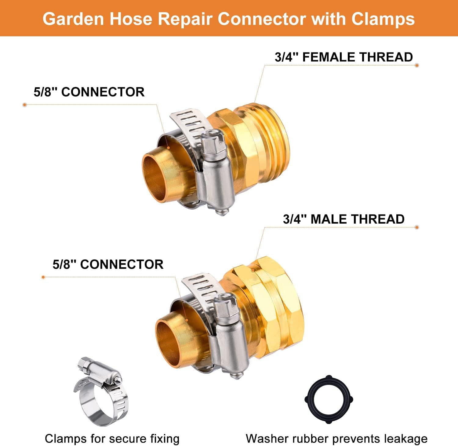 Kesfitt Garden Hose Quick Connector and Garden Hose Repair Connector Kit with Clamp， 3/4