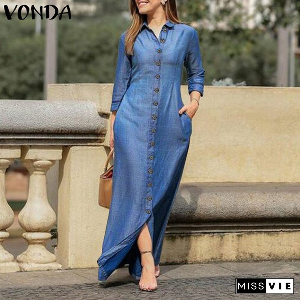 VONDA 3 Color Women Shirt Dress Spring Fall Long Sleeve Button Down Lapel Collar Midi Dress Plus Size Elegant Long Dress Kleid