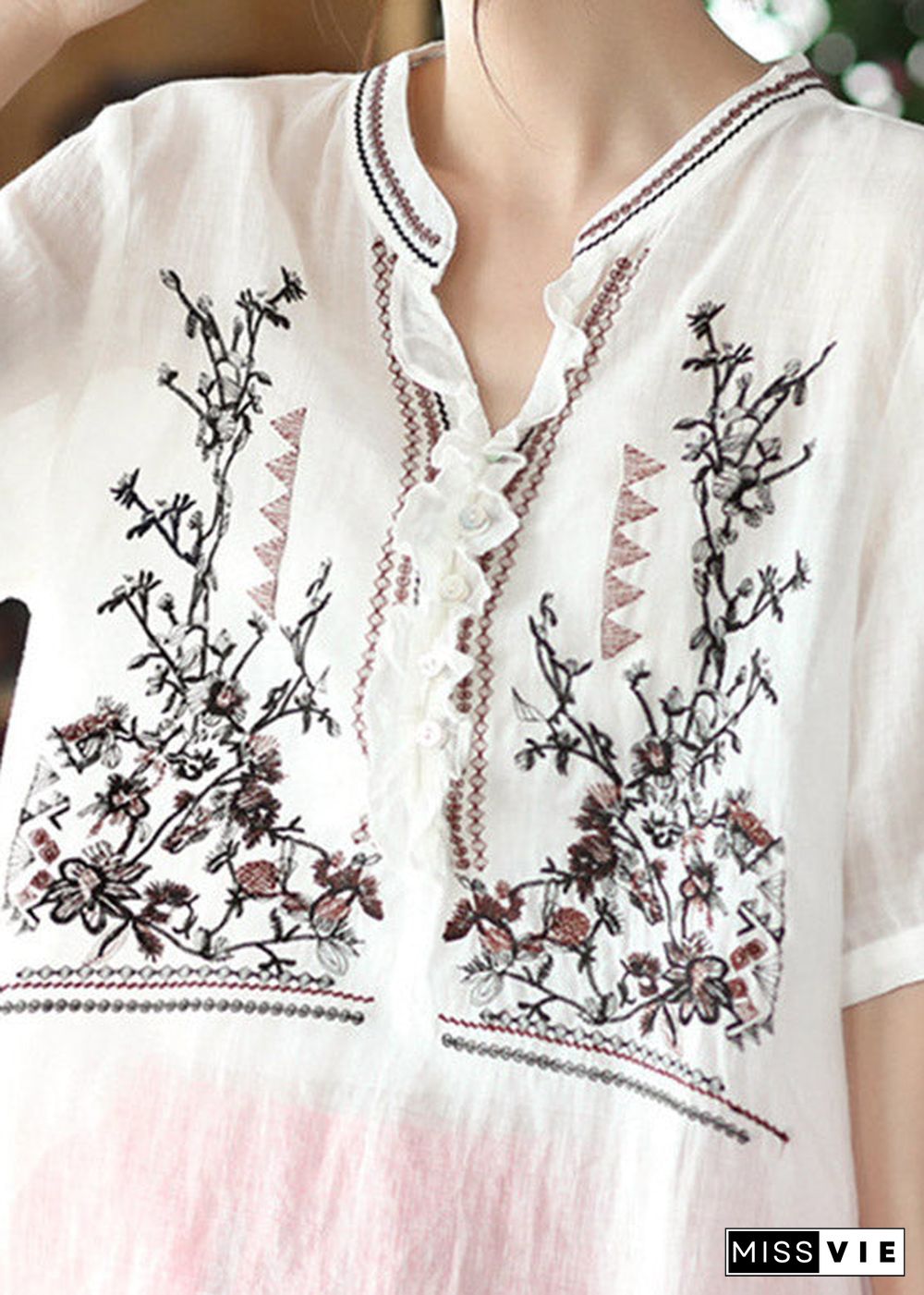 White Ruffled Button Linen T Shirt Short Sleeve