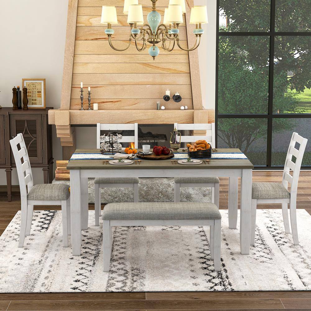 Harper  Bright Designs Rustic Style 6-Piece White Solid Wood Dining Set with 4-Upholstered Chairs and Bench XW033AAD