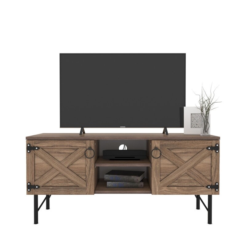 Walnut Media Console Cabinet Loft Wood 2 Cupboards Vintage TV Stand up to 80\