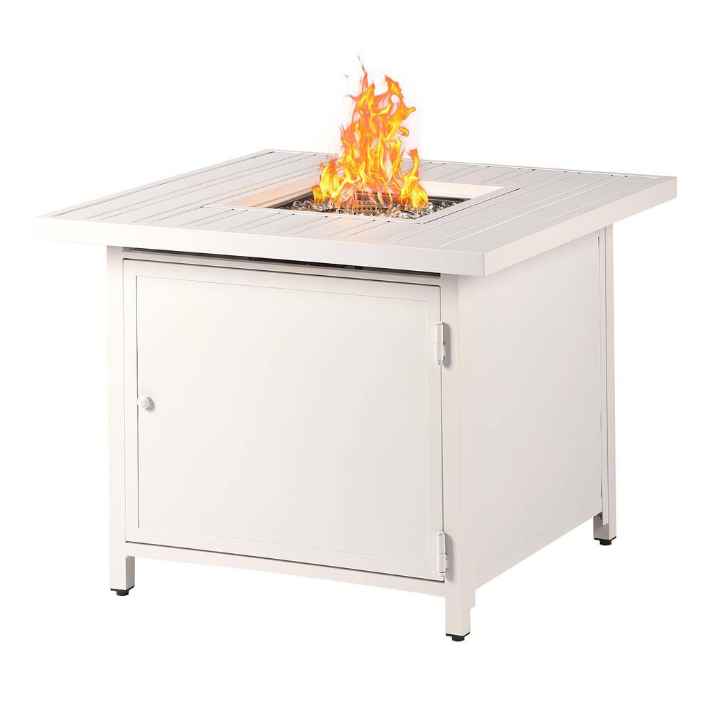 Oakland Living 32 in. x 32 in. White Square Aluminum Propane Fire Pit Table with Glass Beads 2 Covers Lid 37000 BTUs CHOLULA-FPT-WT