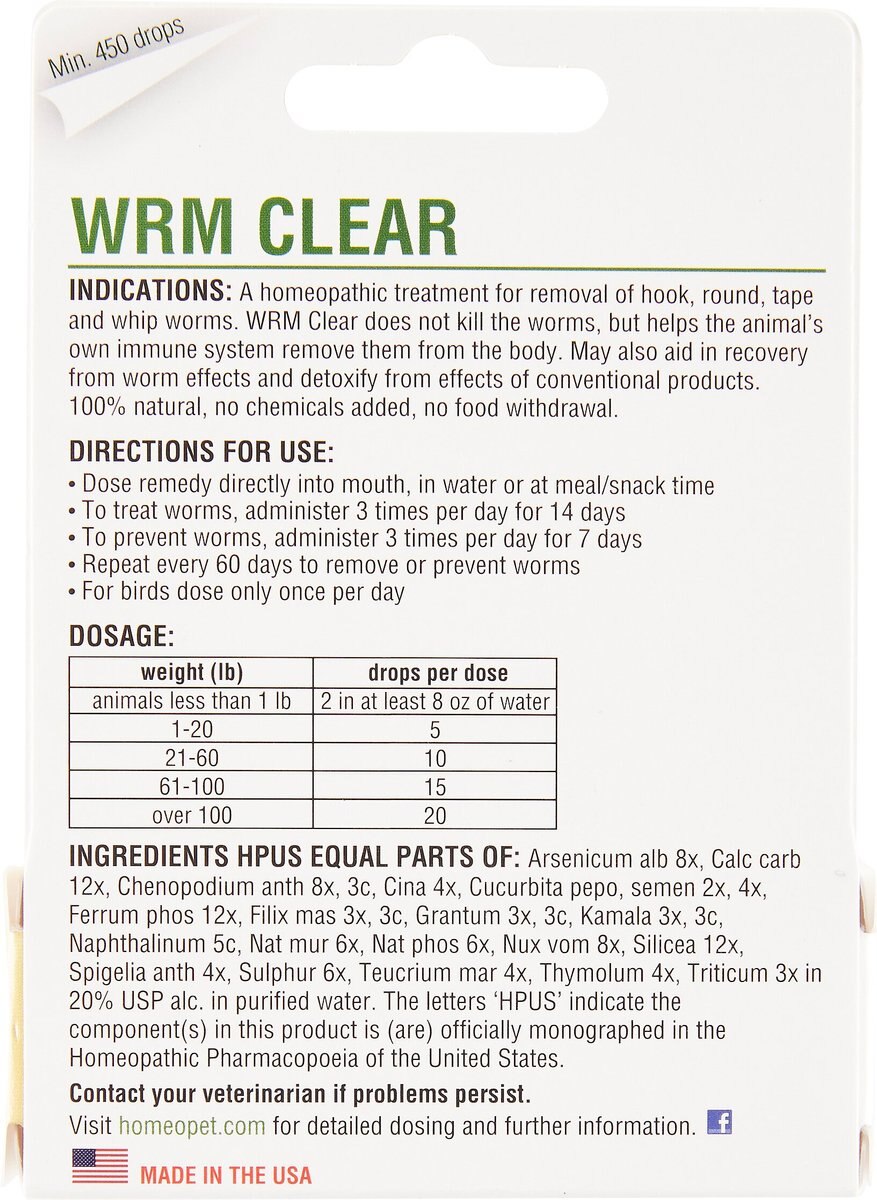 HomeoPet WRM Clear Dewormer for Hookworms， Roundworms， Tapeworms and Whipworms for Birds， Cats， Dogs and Small Pets