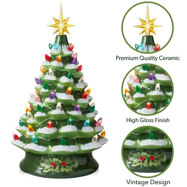 15Inch Snow Flocked Ceramic Christmas Tree，Hand Painted PreLit