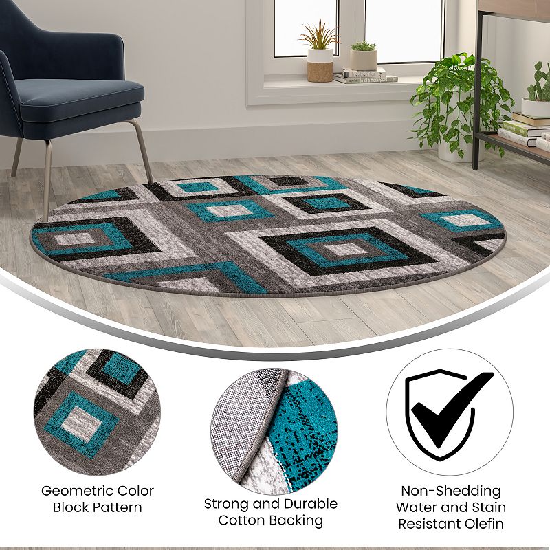 Masada Rugs Newton Collection Modern 5'x5' Round Accent Rug with Geometric Square Pattern in Turquoise， Gray and White