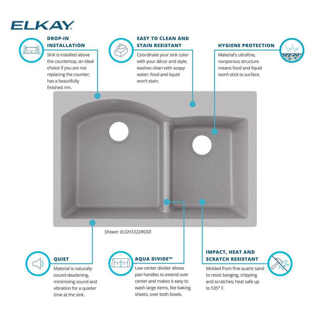 Elkay Quartz Classic Greystone Quartz 33 in. 6040 Double Bowl Drop-In Kitchen Sink with Aqua Divide ELGH3322RGS0