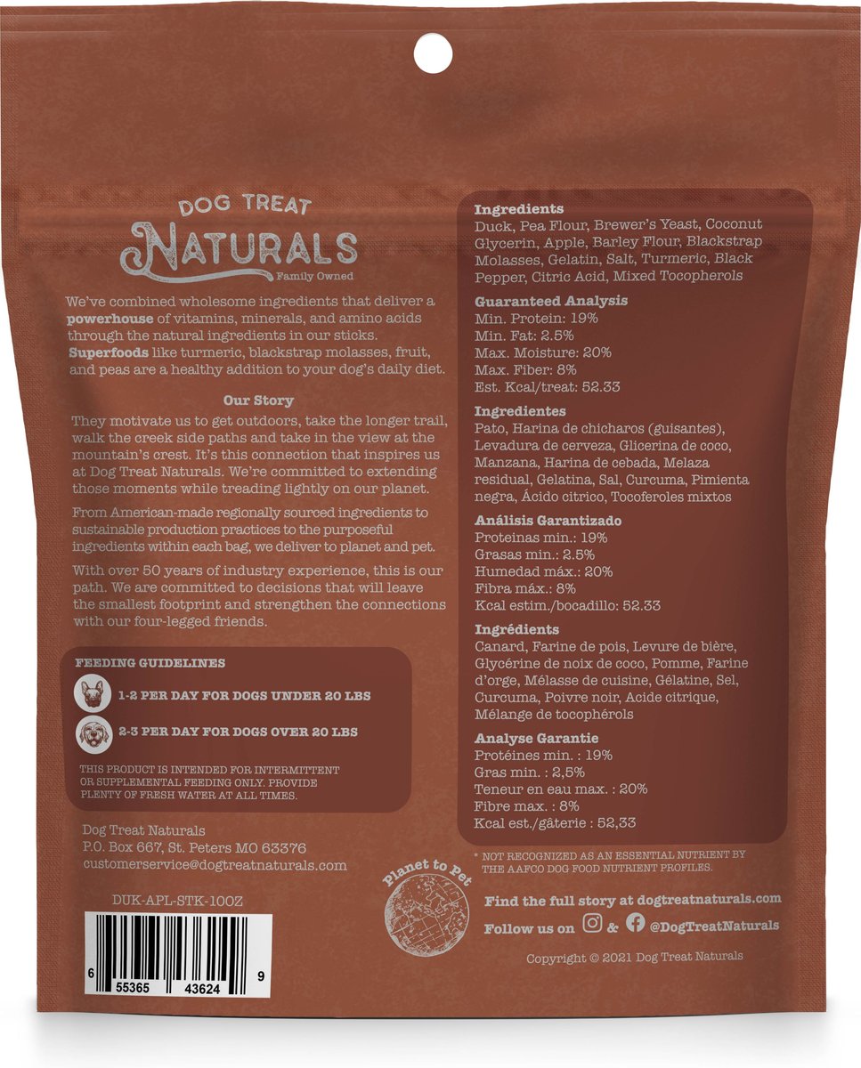 Dog Treat Naturals Duck and Apple Superfood Fresh All Stages Natural Chew Stick Dog Treats， 10-oz bag