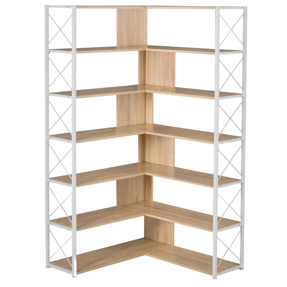 7 Tier Bookcase Corner Bookshelf  L Shaped Plant Stand with Metal Frame  Industrial Style Display Shelf