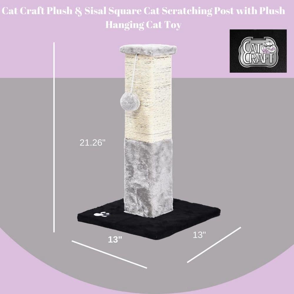 CAT CRAFT Plush and Sisal Square Cat Scratching Post with Plush Hanging Cat Toy, Gray/Natural 40535