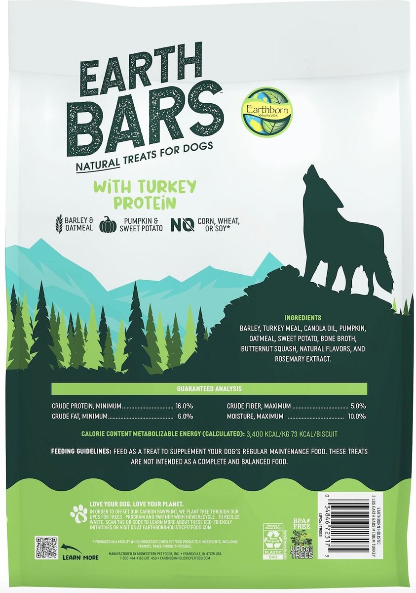 Earthborn Holistic EarthBars w/Turkey Protein Natural Medium Dog Treats， 2-lb bag