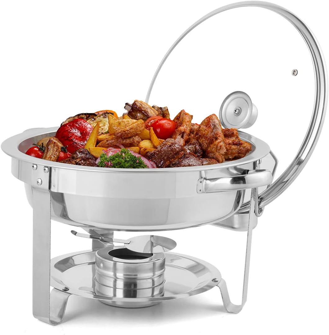 ROVSUN 5 Qt Round Chafing Dish Buffet Set with Glass Lid and Lid Holder，