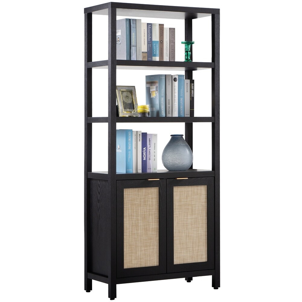 SICOTAS 5 Tier Adjustable Bookshelf with Rattan Storage Cabinet