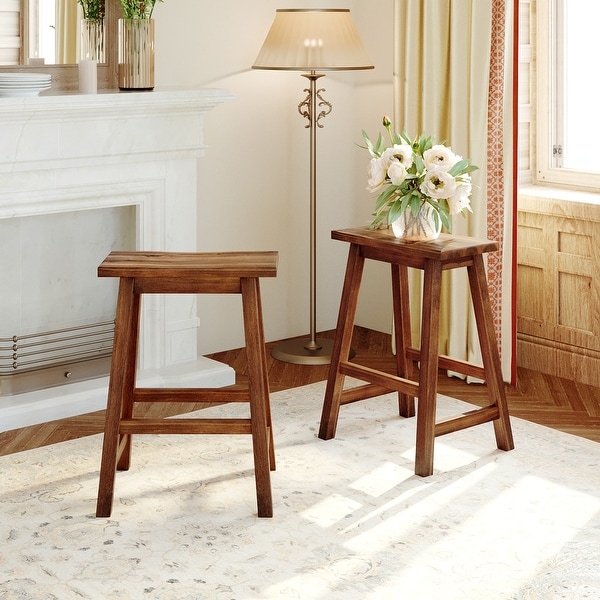 2 Piece Farmhouse Rustic Counter Height Wood Kitchen Dining Stools for Small Places， Walnut