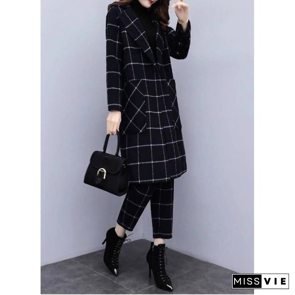 Winter Black Woolen Plaid Two Piece Sets Outfits Women Plus Size Long Coat And Pants Suits Elegant Fashion Office Sets