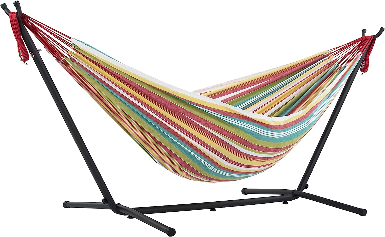 Double Cotton Hammock with Space Saving Steel Stand, Tropical (450 lb Capacity - Premium Carry Bag Included)