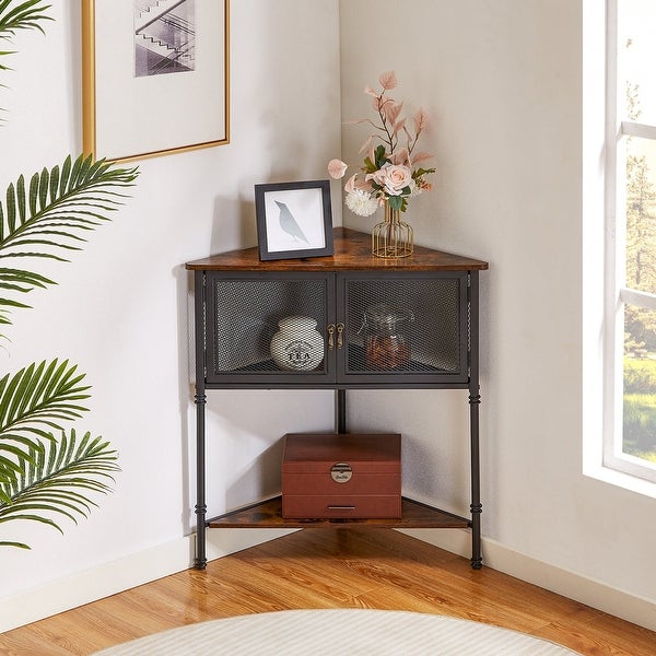 Triangle Side Table Set of 2 Corner Table with 3-tier Storage Shelf， Rustic Brown