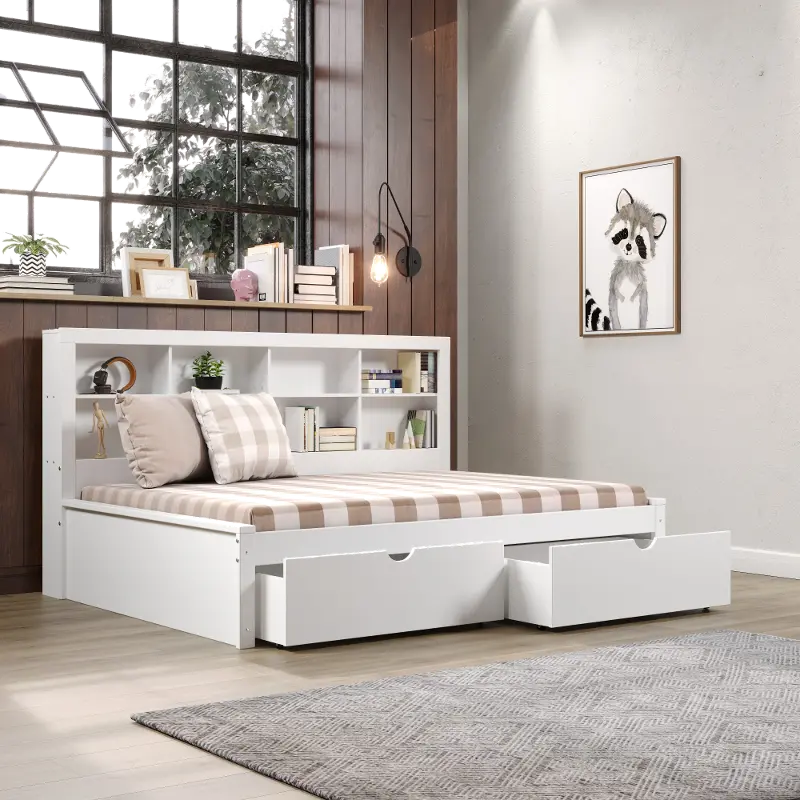 White Full Bookcase Daybed with Storage Drawers