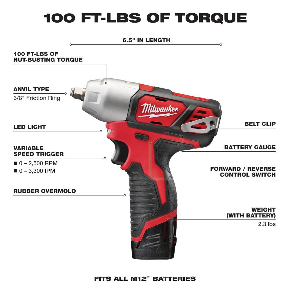 MW M12 3/8 in. Impact Wrench Kit 2463-22 from MW