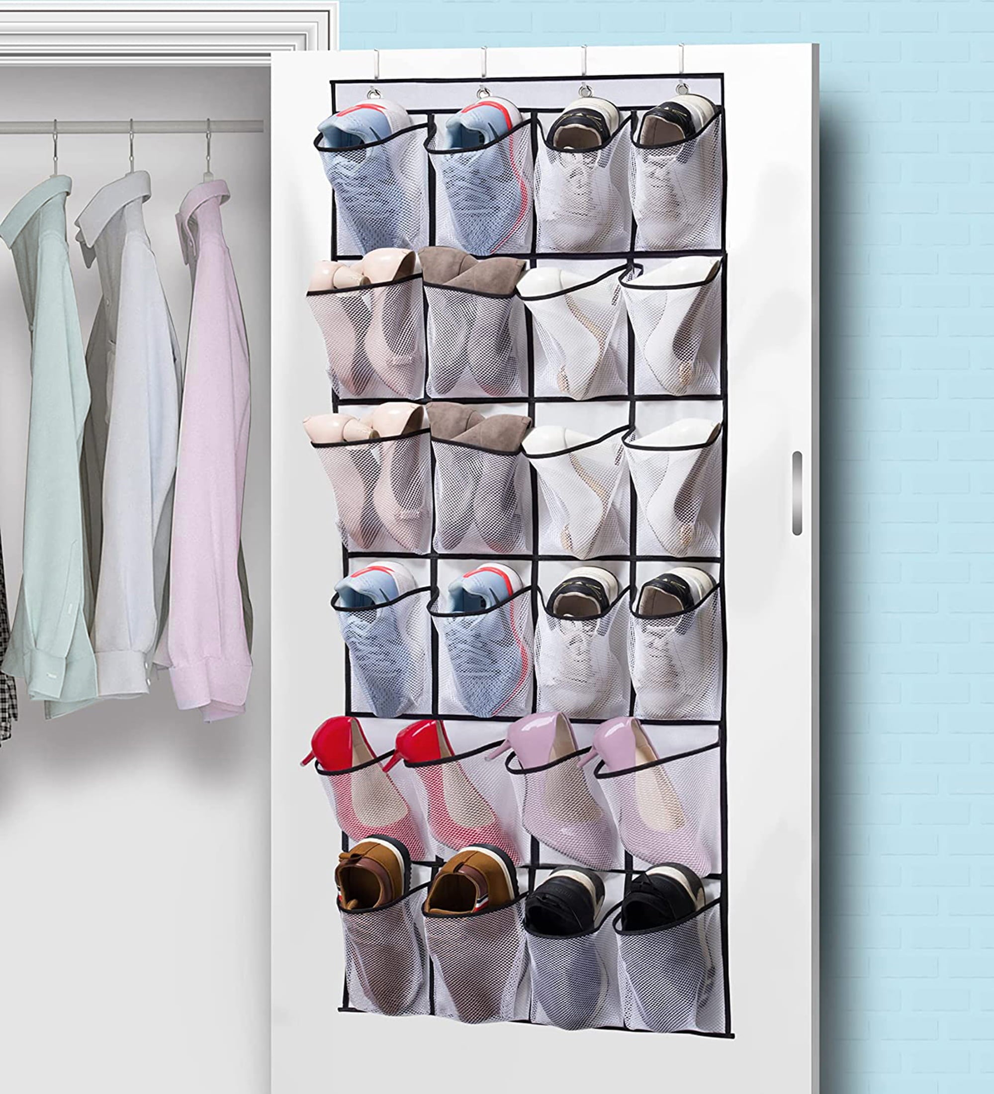 MISSLO 24 Pairs Over The Door Hanging Shoe Organizer 2 Packs Mesh Pockets Shoe Storage Rack Behind Door Shoe Holder Hanger， White