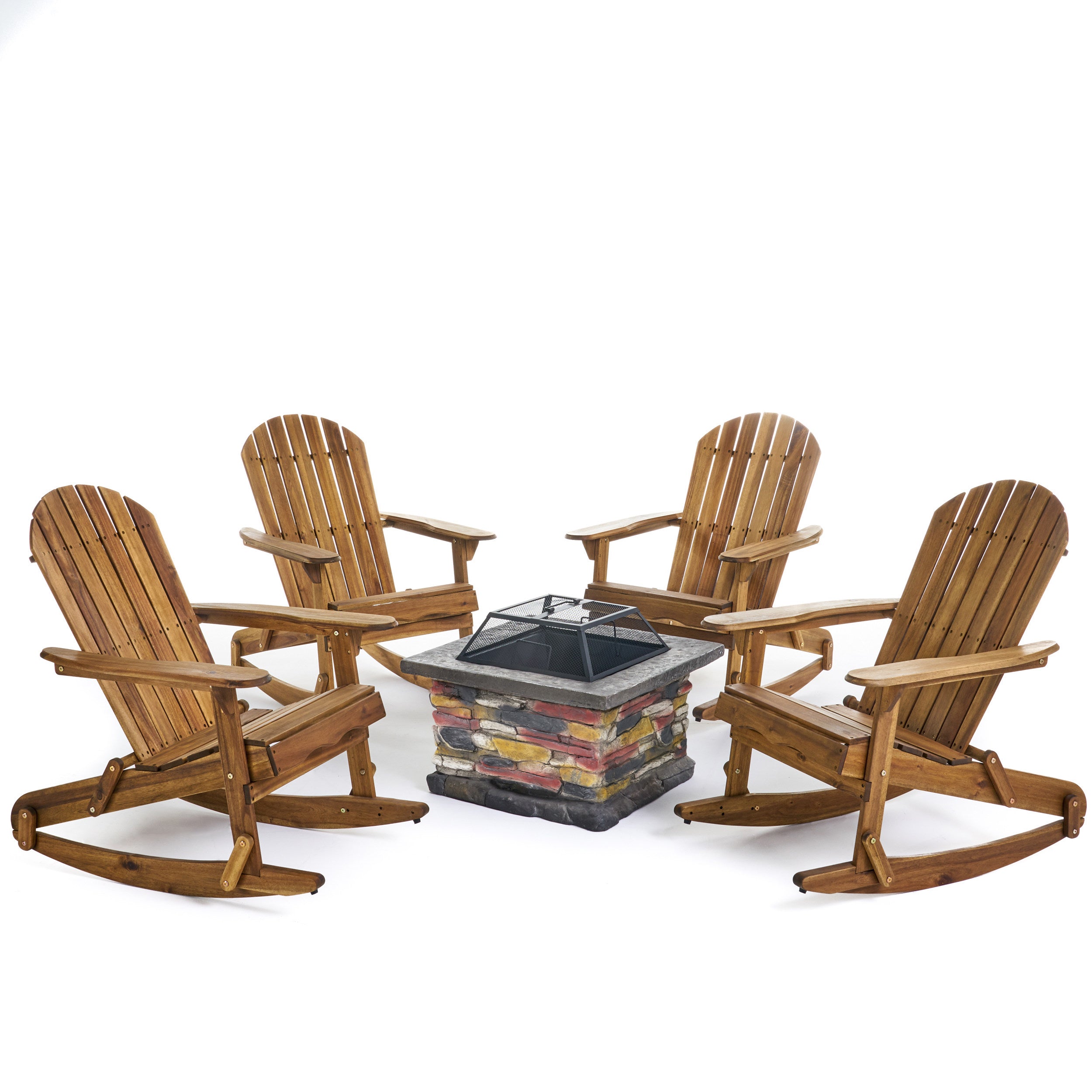 Benson Outdoor 5 Piece Acacia Wood/ Light Weight Concrete Adirondack Chair Set with Fire Pit