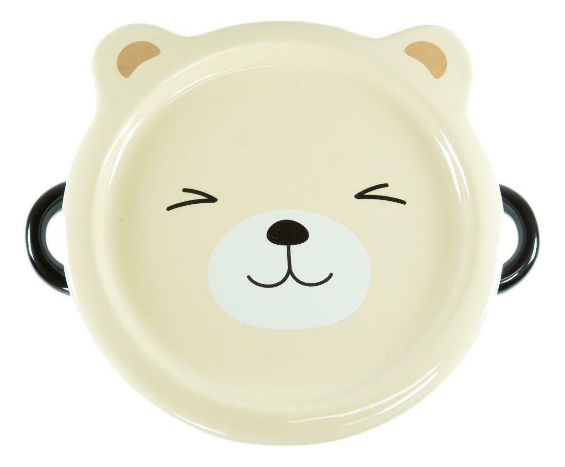 1 Pack Of 2 Beige Kuma Bear Porcelain Kids Food Bowls 25Oz W/ Condiment Lid Plate EBR02