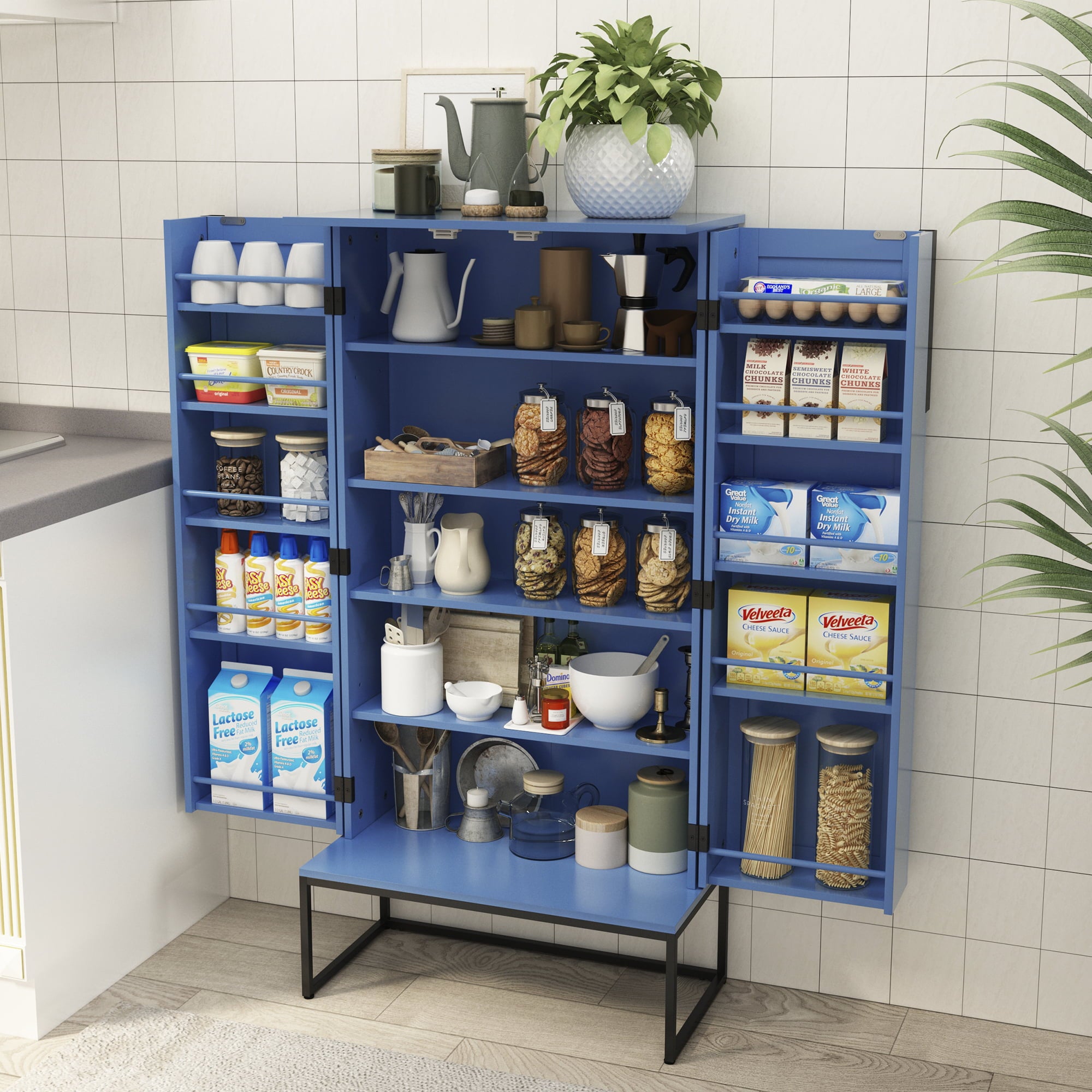 HLR 46 inches Blue Pantry Cabinets， Kitchen Pantry with Doors and Shelves for Kitchen， Blue Pantry Storage Cabinet with Black Metal Base for Living Room and Dining Room