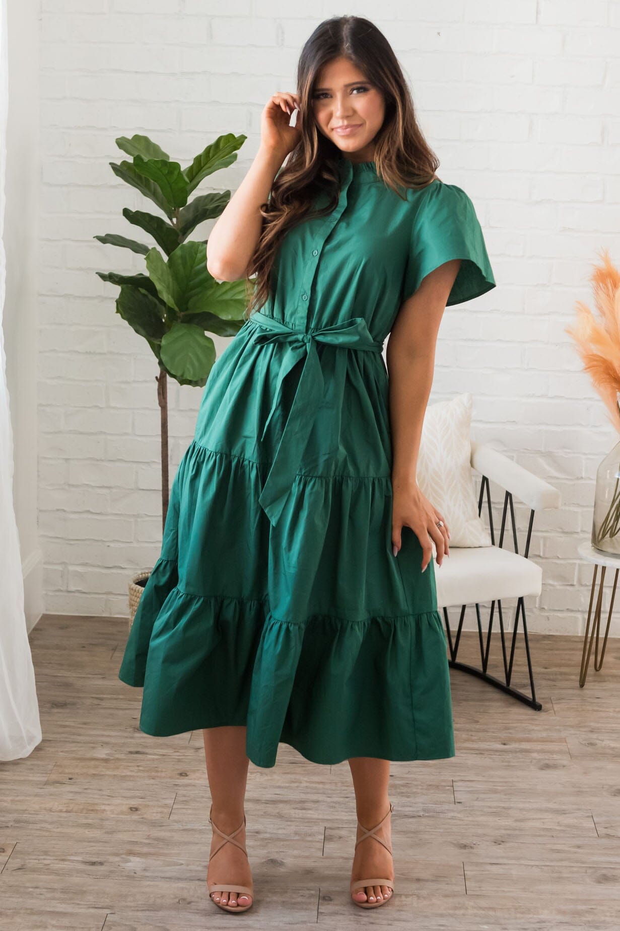 Autumn Ruffle Dress-Emerald Green