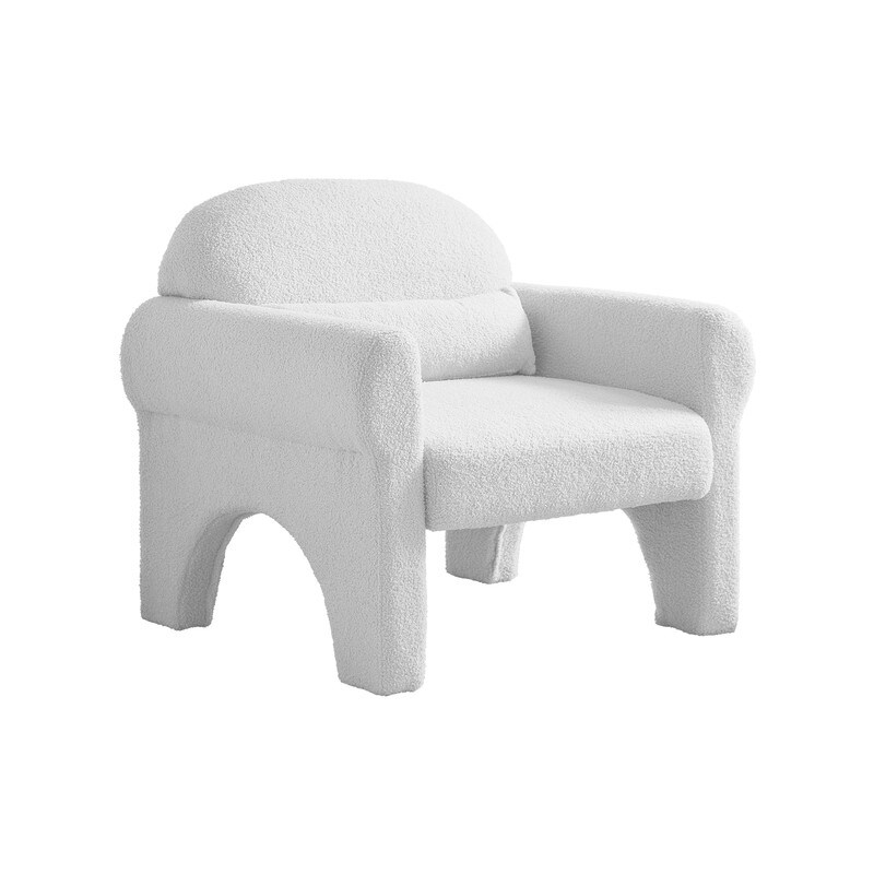 Modern Barrel Chair Lambswool Accent Sofa Chair Hollow Base Arm Chairs Living Room Lounge Chair w/ Lumbar Pillow  Antique White