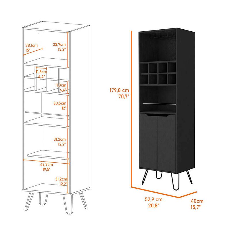 Sheffield H Bar Cabinet， Eight Bottle Cubbies， Two Glass Shelves