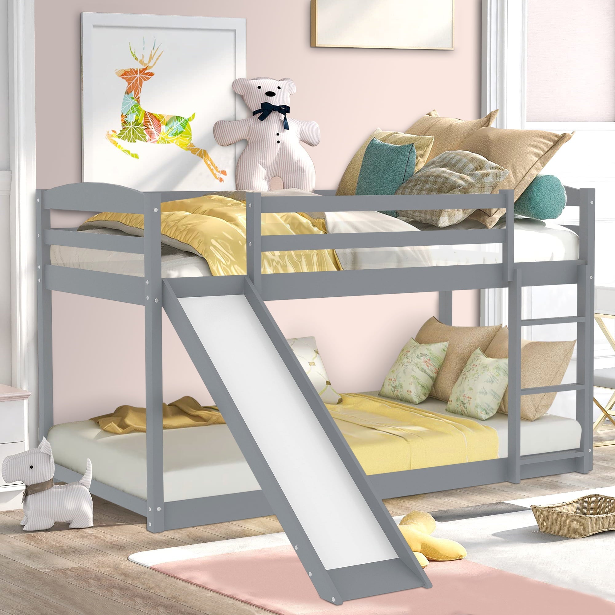 Floor Bunk Bed with Convertible Slide and Ladder, SESSLIFE Wood Bunk Beds with Guardrail for Boys Girls Toddlers, Gray Twin Over Twin Bunk Bed, Kids Floor Bunk Bed for Home Children’s Room, TE838