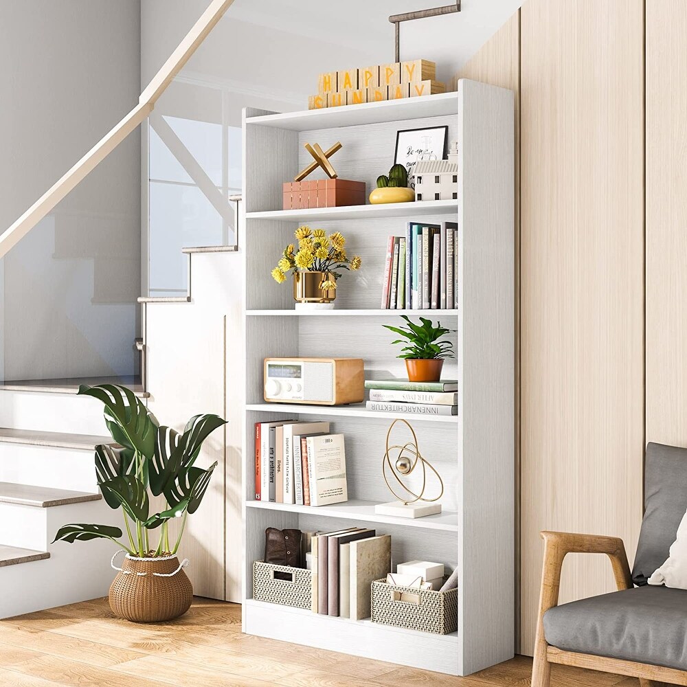 6 Tier White Bookcase  Large Tall Bookshelf with Storage Shelves