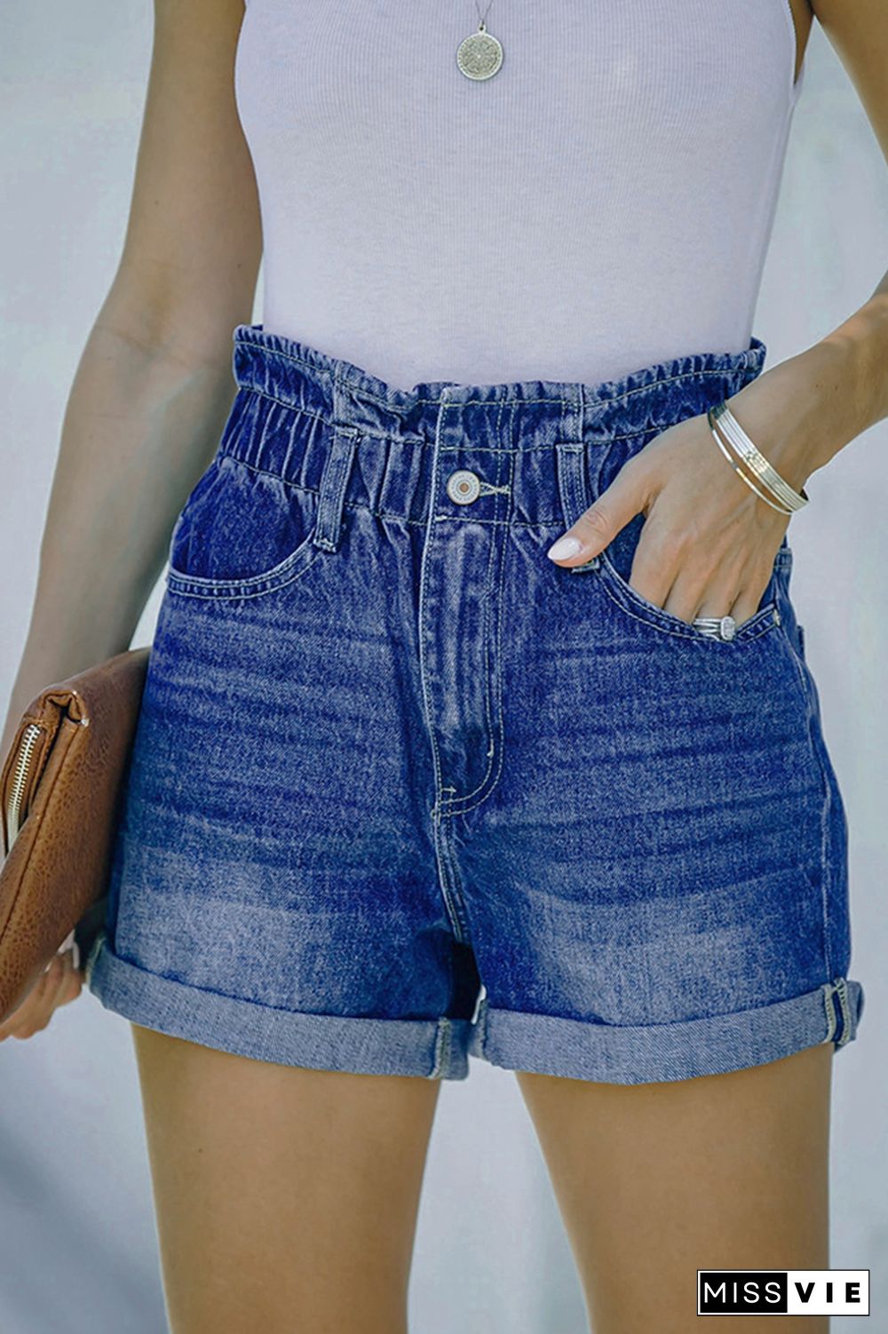 Elastic Waist Washed Denim Shorts Wholesale