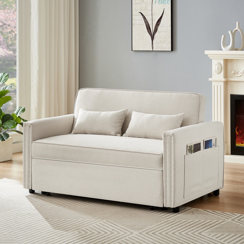 Modern Linen Convertible Loveseat Sleeper Sofa Couch with Adjustable Backrest  Pull Out Bed and 2 Lumbar Pillows  Ivory