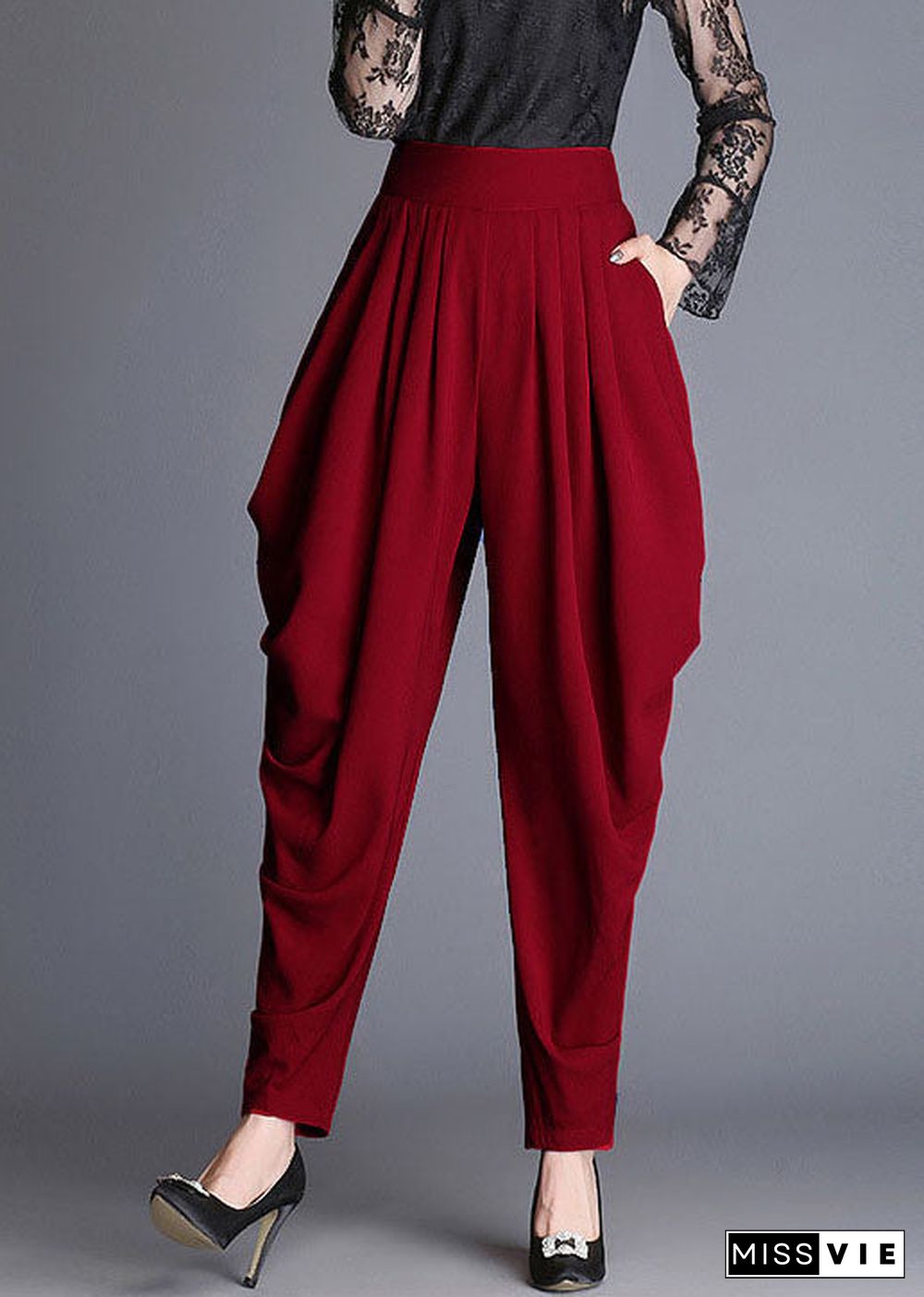 Plus Size Red High Waist Pockets Casual Jogging Fall Pants