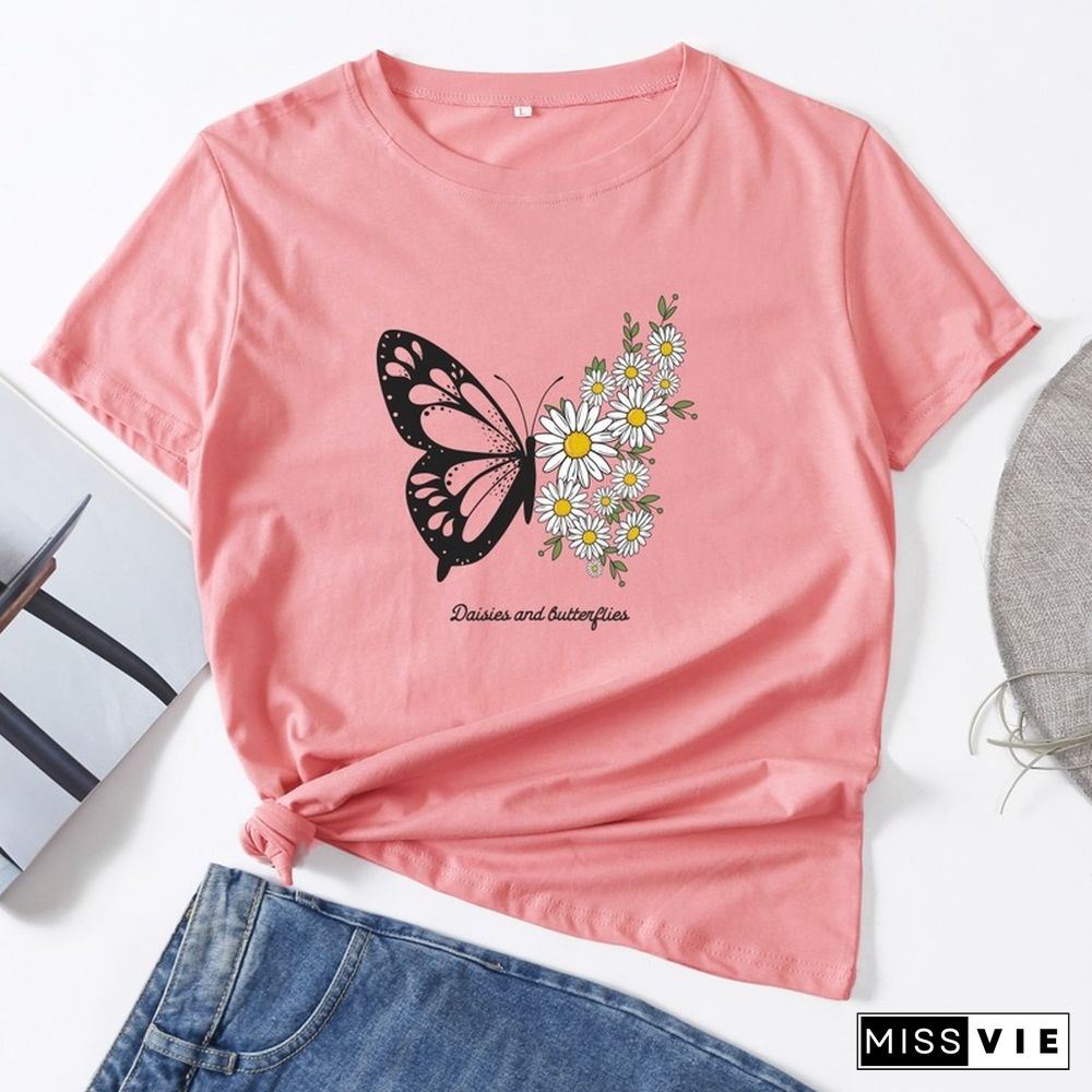 Summer Women Casual Short Sleeve T-shirt Butterfly Flower Print Female Fashion Graphic T Shirt Ladies Daily Loose O-Neck Tee Top