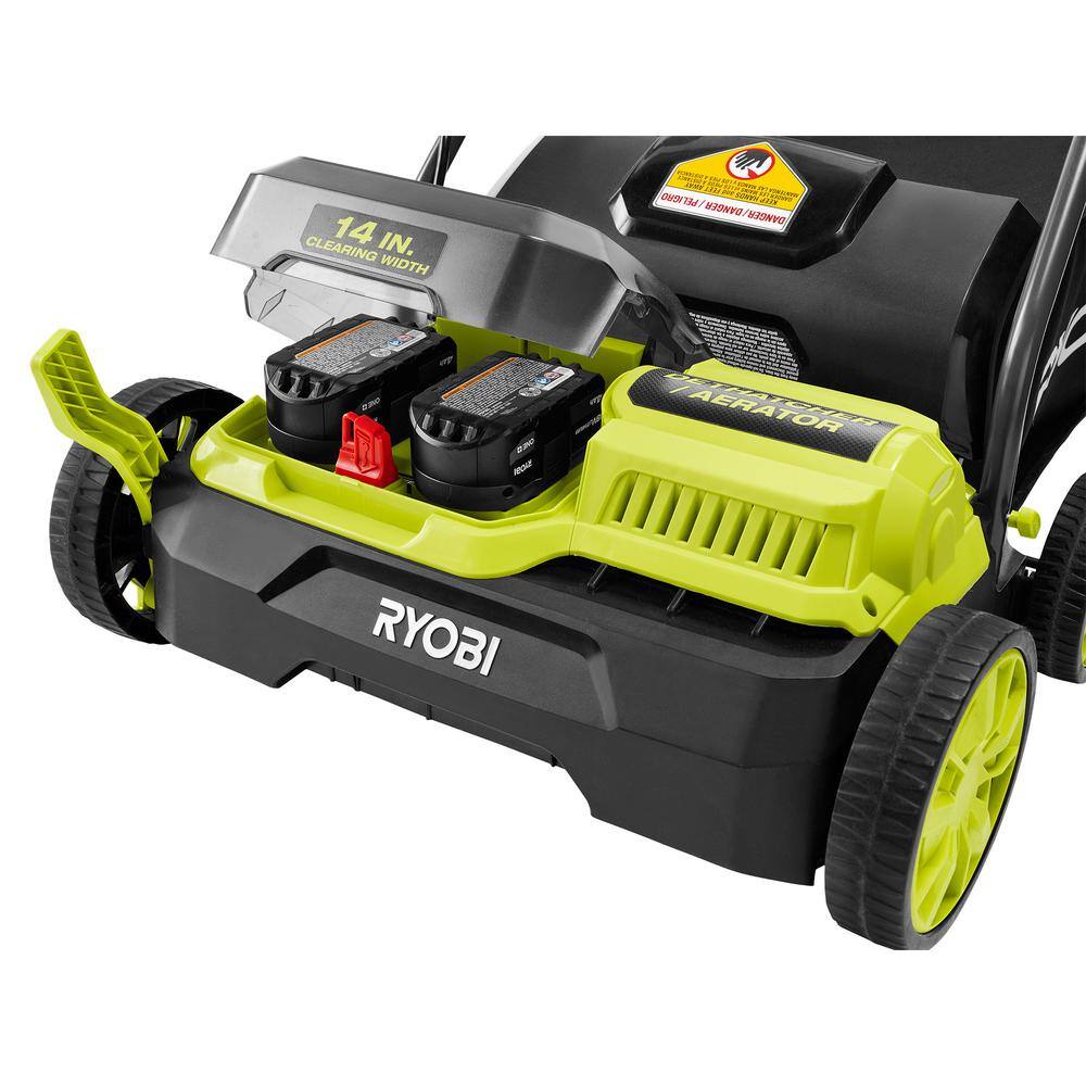 RYOBI ONE+ HP 18V Brushless 14 in. Cordless Battery DethatcherAerator with (2) 4.0 Ah Batteries and Charger P2740