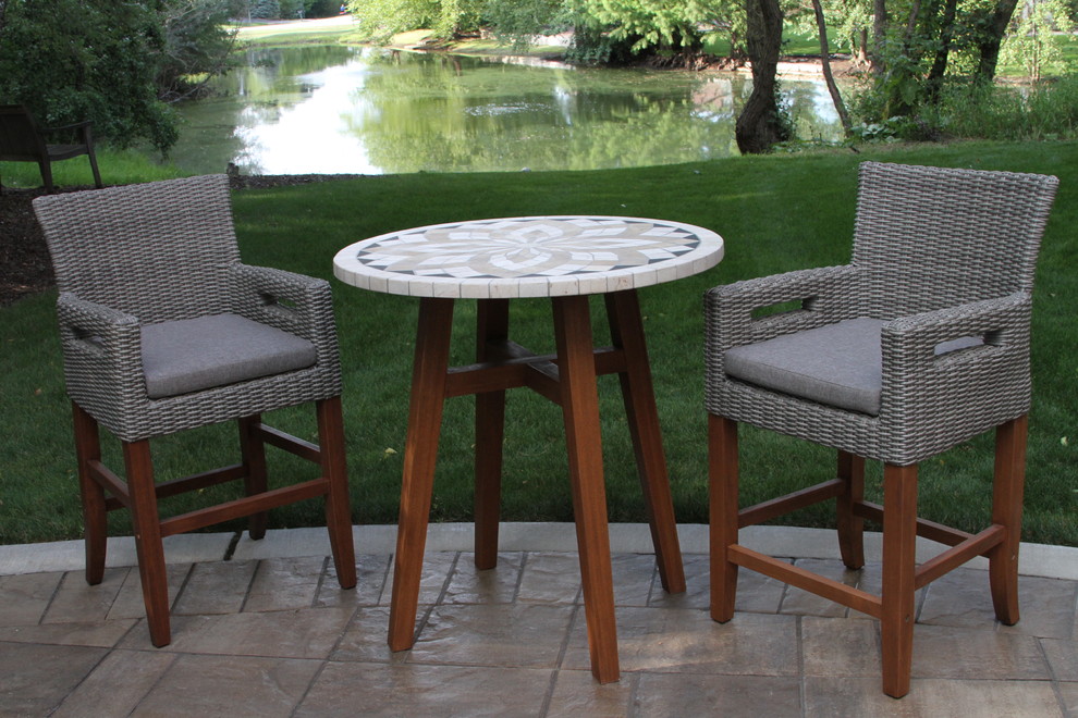 3 Piece Counter Height Marble Table With Light Gray Wicker Chairs Set   Tropical   Outdoor Pub And Bistro Sets   by Outdoor Interiors  Houzz