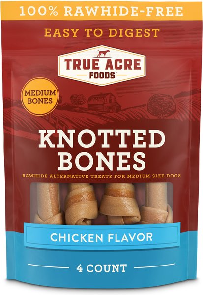 True Acre Foods Rawhide-Free Knotted Bones Chicken Flavor Treats， Medium， 4 count