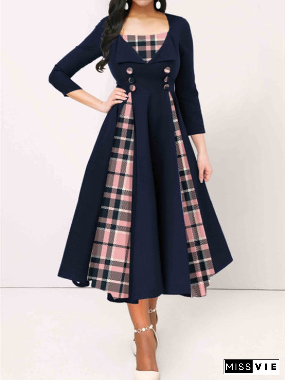 Women's Long Sleeve Square Collar Graphic Plaid Midi Dress