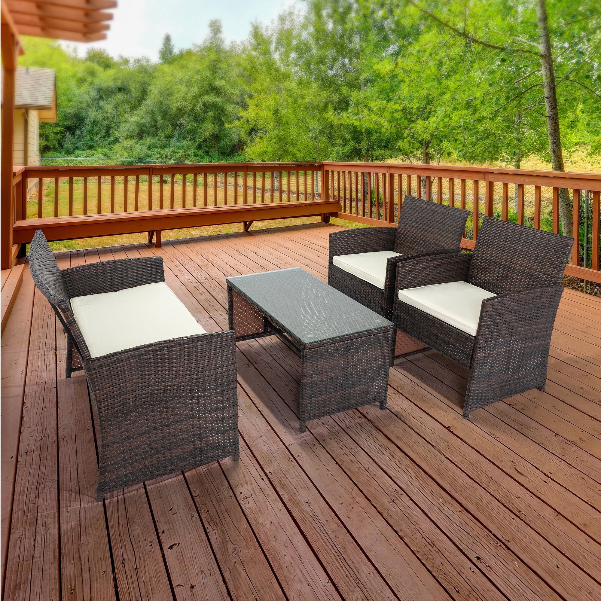 4 Piece Wicker Rattan Outdoor Sofa Set with Beige Cushions and Tempered Glass Coffee Table - Overstock - 37454179